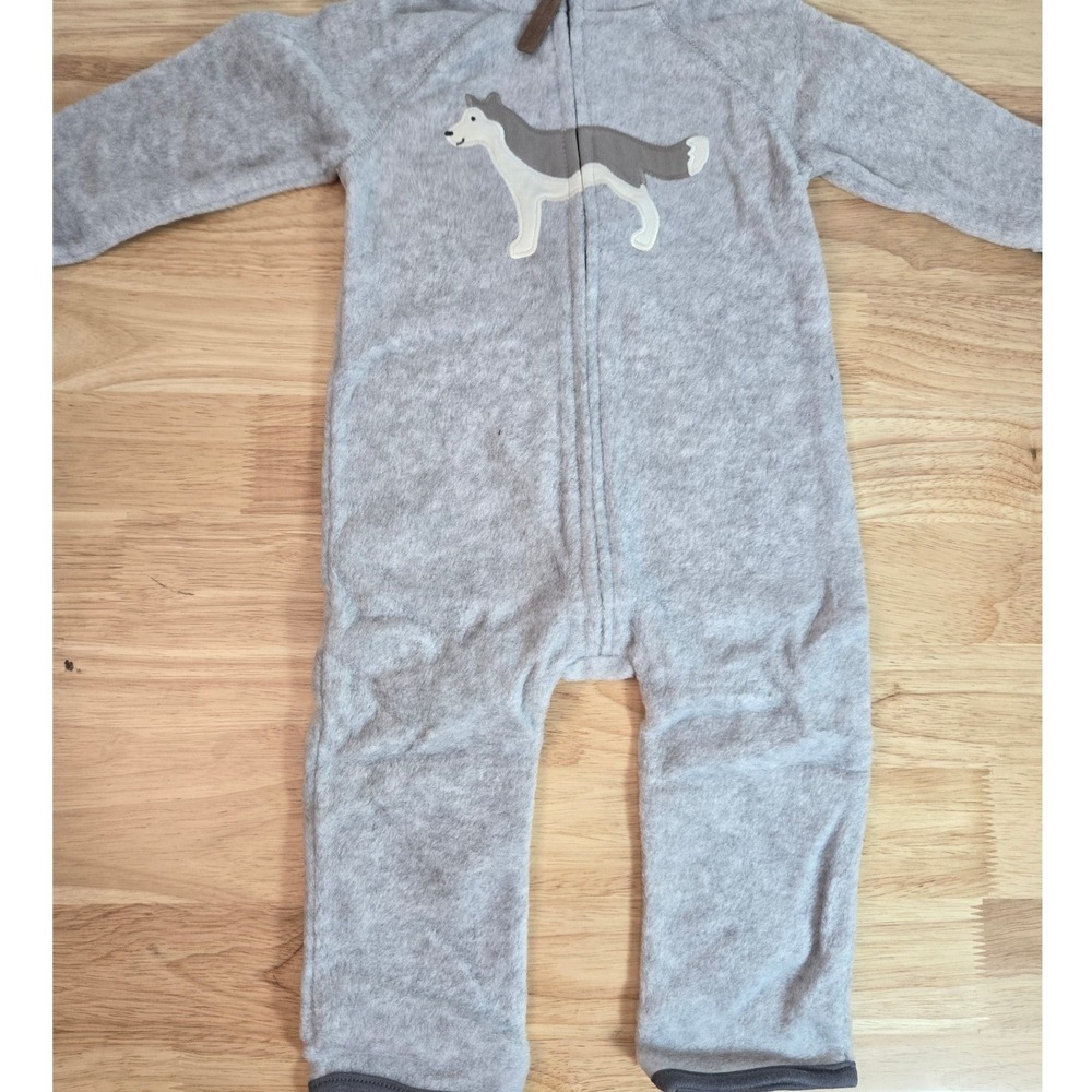 Carters Baby Boy Gray Fleece Husky Dog Zip Up Jumpsuit 12M 118H382
